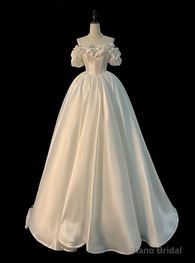 White Satin Flower Pearls Wedding Dress Main image