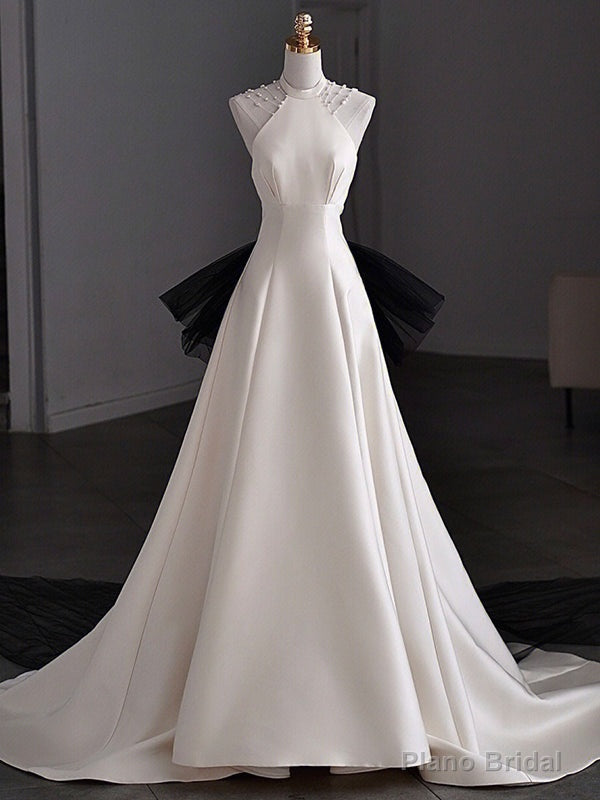 White Satin Halter Backless Wedding Dress Main image