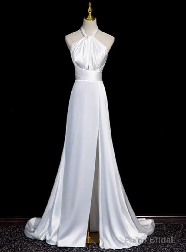 White Satin Halter Pleats Split Wedding Dress Main image