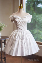 White Satin Knee Length Party Dress, Off the Shoulder A-Line Evening Dress