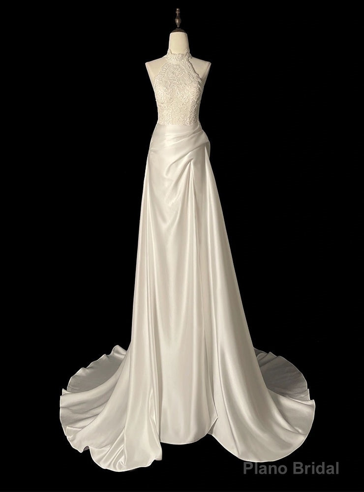 White Satin Lace Halter Wedding Dress Main image