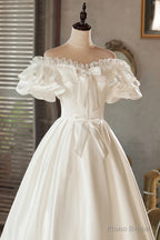 White Satin Lace Off Shoulder Prom Dress, White Evening Dress, Wedding Dress