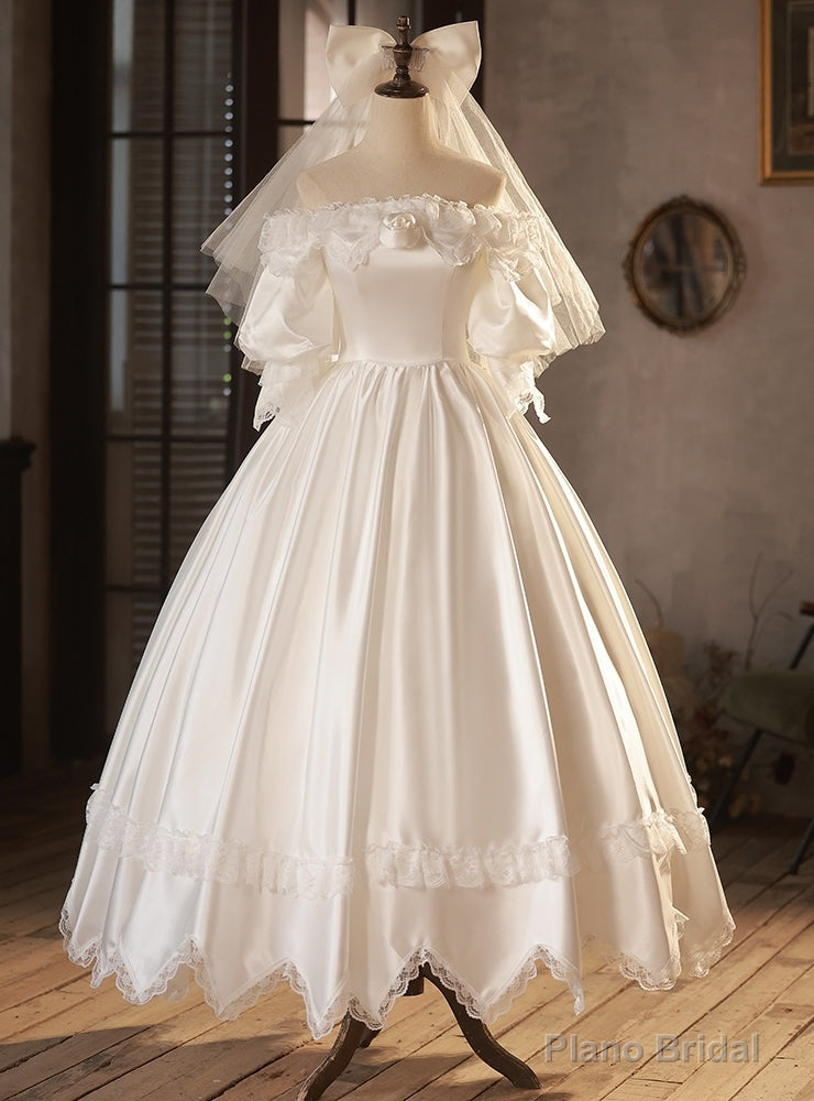 White Satin Lace Off the Shoulder Puff Sleeve Wedding Dress Main image
