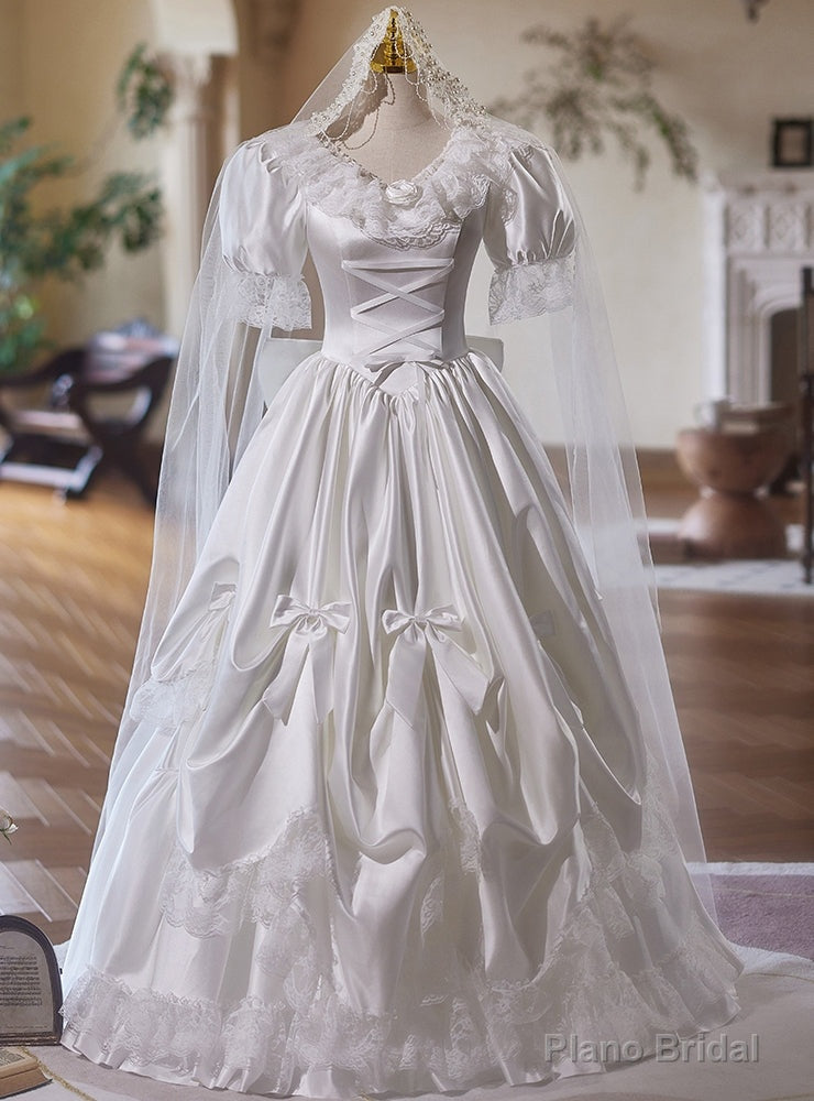 White Satin Lace Puff Sleeve Bow Vintage Wedding Dress Main image