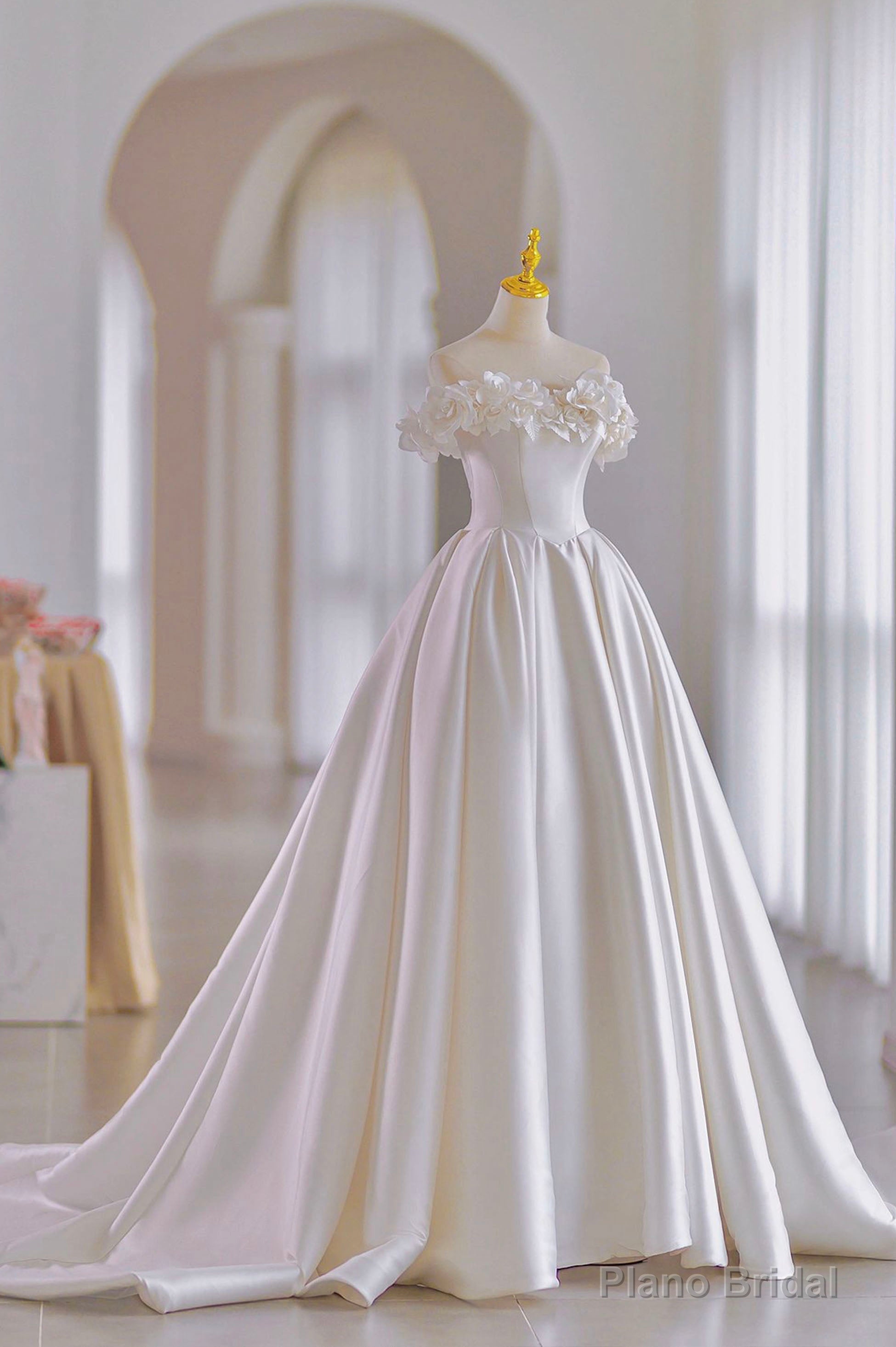White Satin Long A-Line Ball Gown, Off the Shoulder Wedding Gown Main image