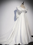 White  Satin Long Formal Prom Dresses, White Long Prom Dresses
