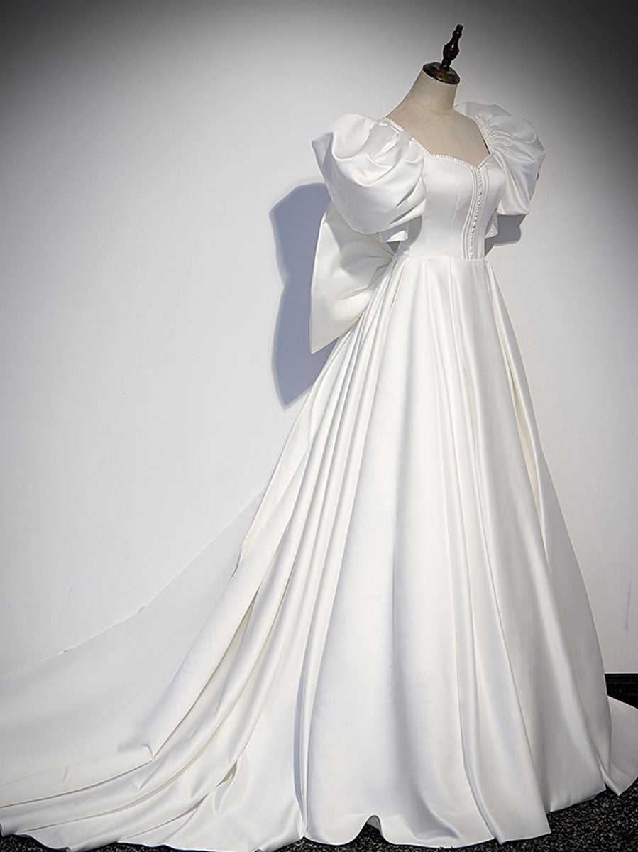 White  Satin Long Formal Prom Dresses, White Long Prom Dresses