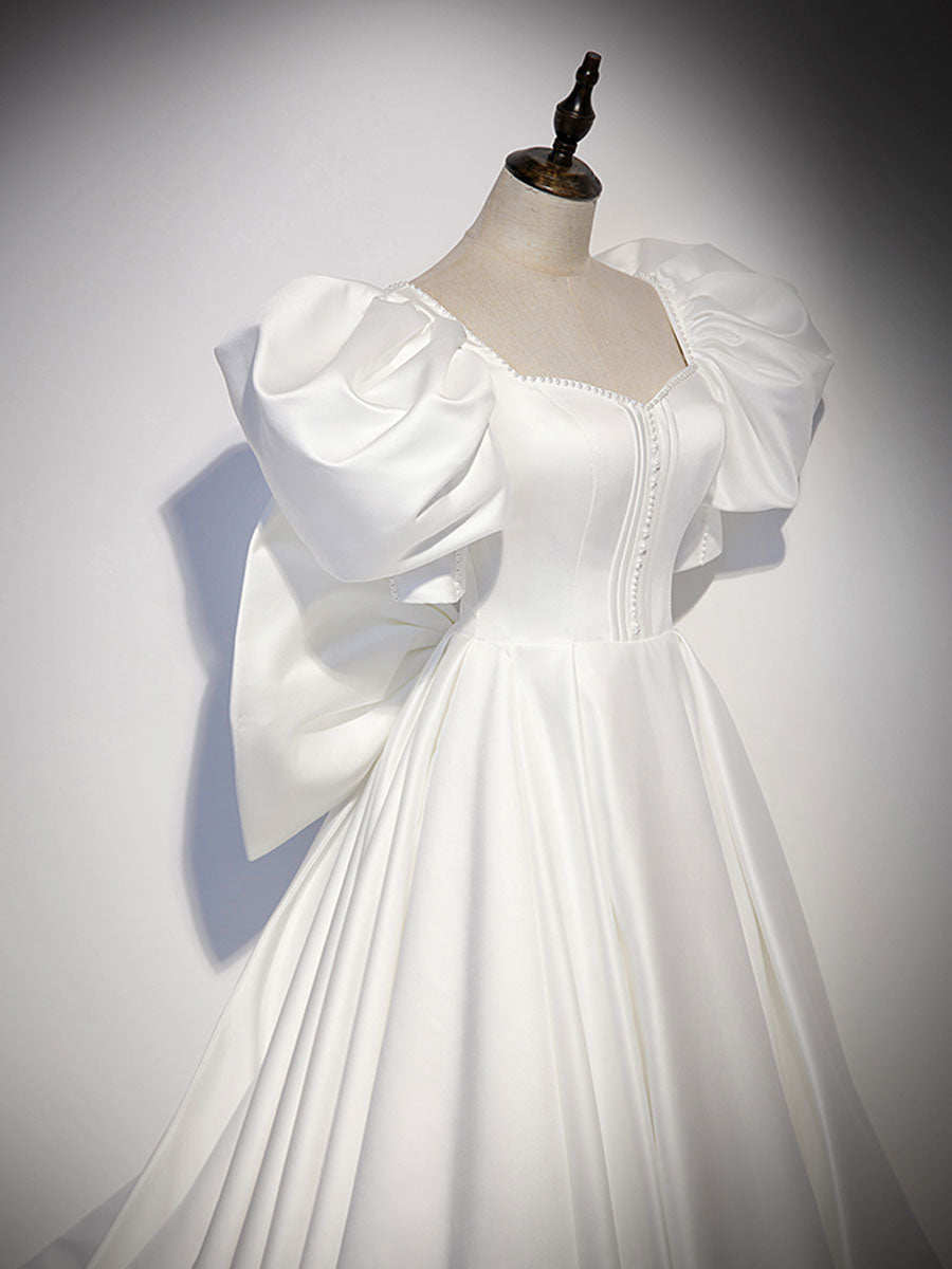 White  Satin Long Formal Prom Dresses, White Long Prom Dresses