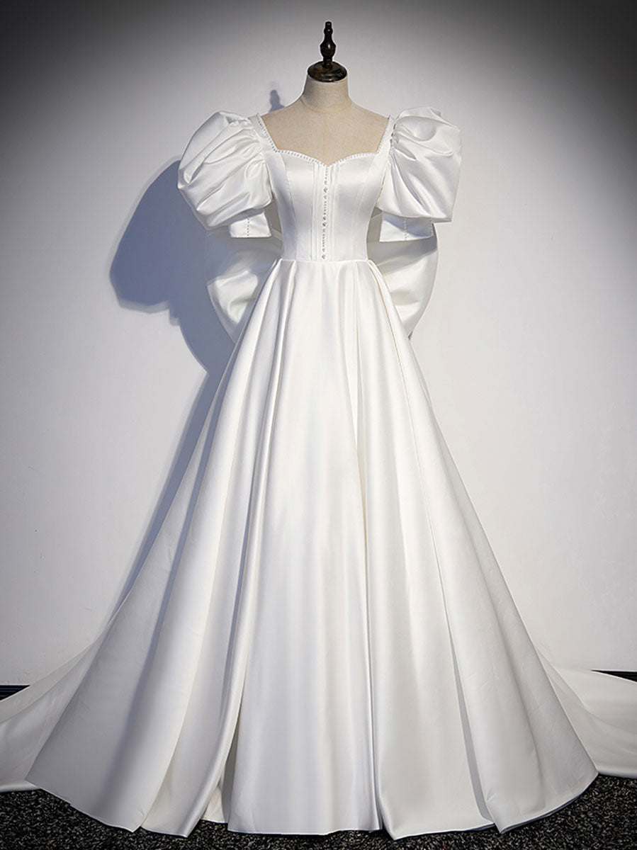 White  Satin Long Formal Prom Dresses, White Long Prom Dresses
