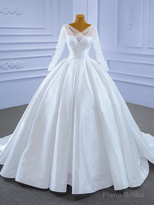 White Satin Long Sleeve Backless Wedding Dress Main image