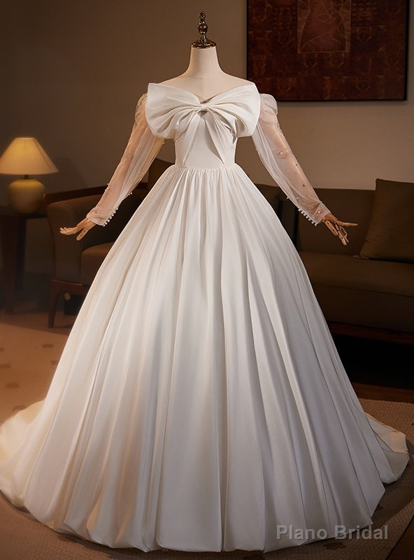White Satin Long Sleeve Bow Wedding Dress Main image