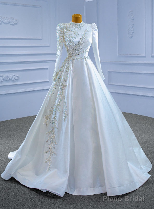 White Satin Long Sleeve High Neck Beading Wedding Dress