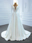 White Satin Long Sleeve Illusion V-neck Pearls Wedding Dress