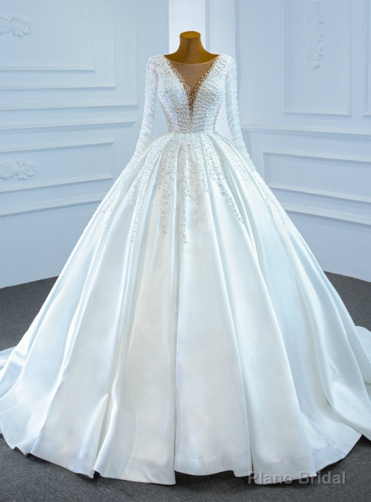 White Satin Long Sleeve Pearls Illusion Wedding Dress Main image
