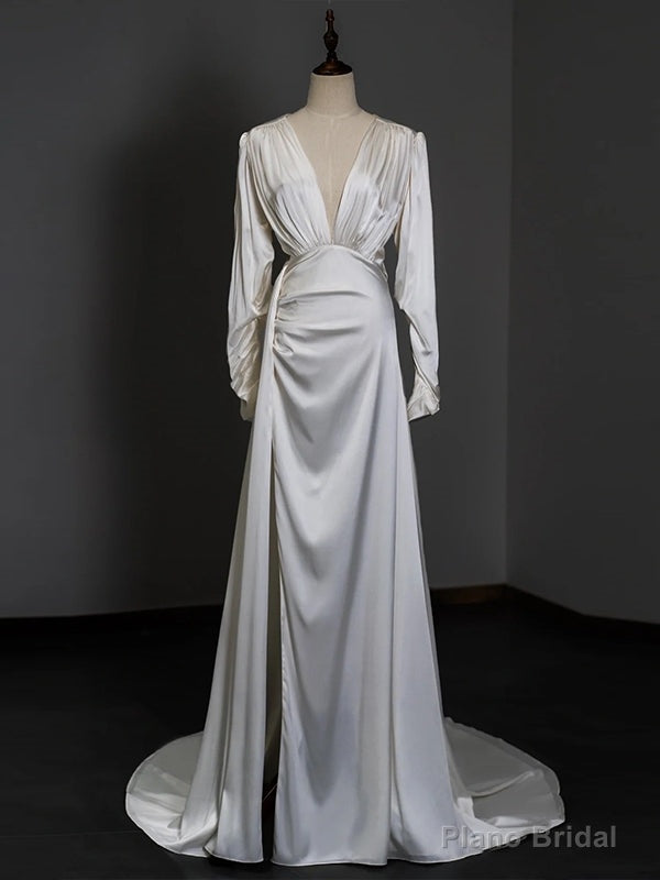 White Satin Long Sleeve Pleats Wedding Dress Main image