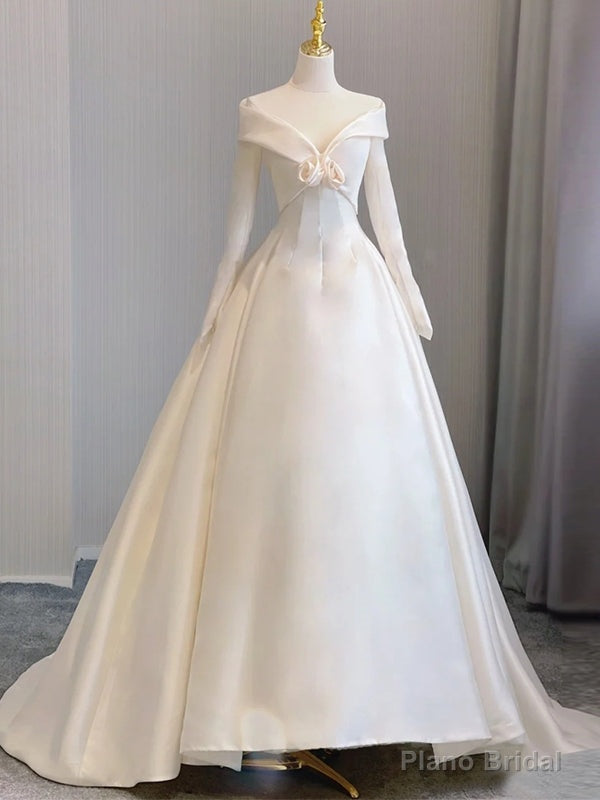 White Satin Long Sleeve Wedding Dress Main image