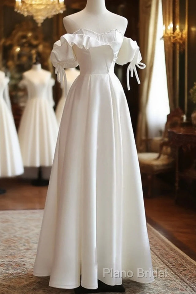 White Satin Off Shoulder Beaded Sweetheart Formal Dresses, White Long Formal Prom Dresses