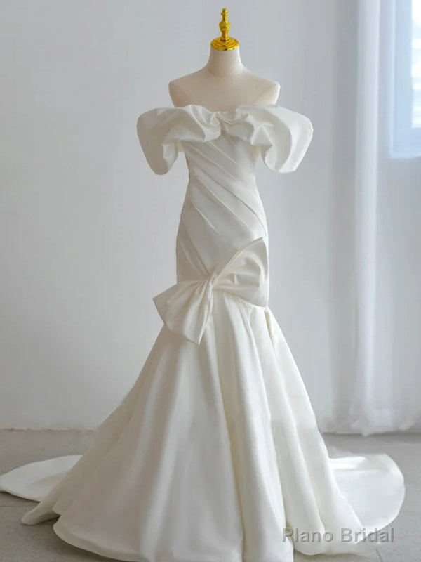 White Satin off the Shoulder Bow Pleats Wedding Dress