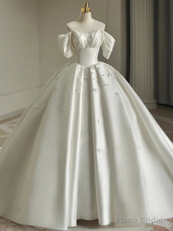 White Satin Off the Shoulder Crystal Wedding Dress Main image