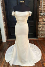 White Satin Off-The-Shoulder Mermaid Long Wedding Dresses Pure Color