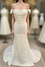 White Satin Off-The-Shoulder Mermaid Long Wedding Dresses Pure Color