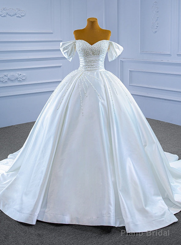White Satin Off the Shoulder Pearls Beading Wedding Dress Main image