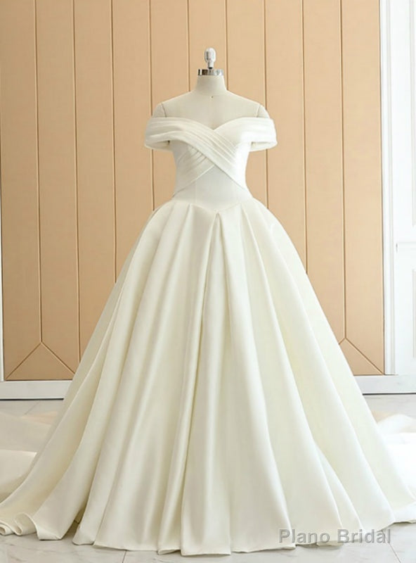 White Satin Off The Shoulder Pleats Wedding Dress With Train Main image