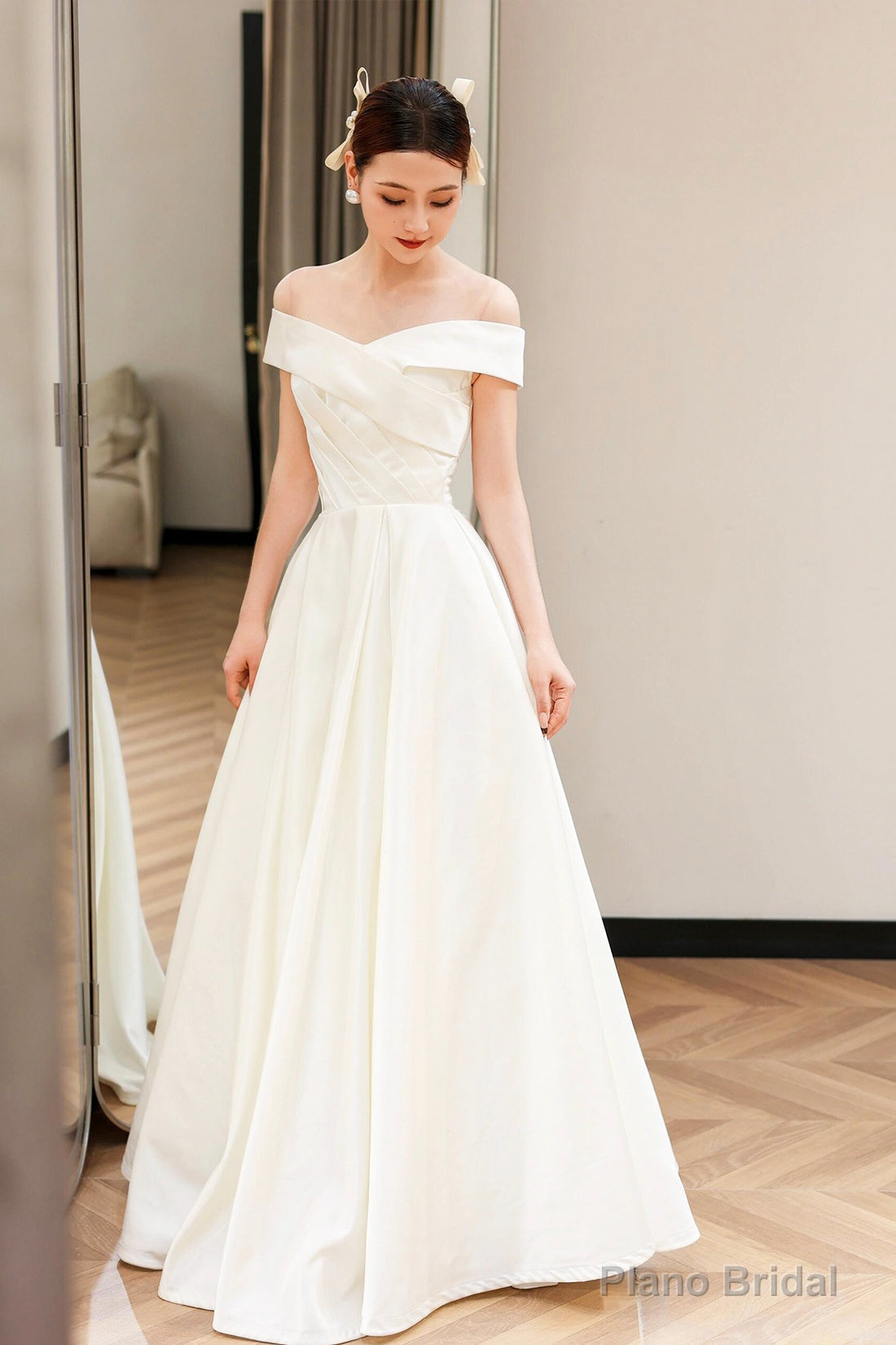 White Satin Off the Shoulder Prom Dress, A-Line Floor Length Evening Party Dress Secondary image