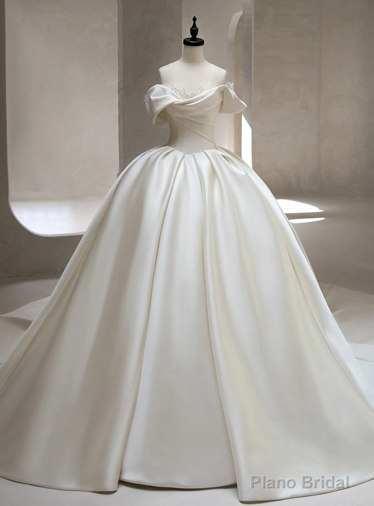 White Satin Off the Shoulder Wedding With Train Main image