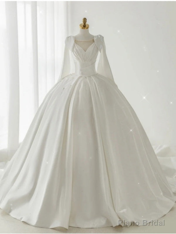 White Satin Pleats Pearls Wedding Dress