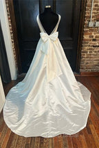 White Satin Plunging Neck Bow-Back A-Line Long Wedding Dresses V-Neck