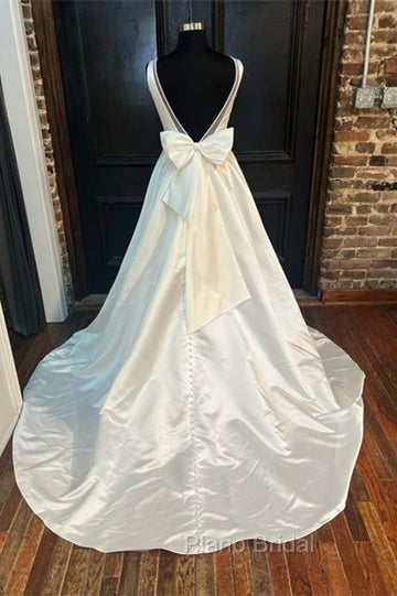 White Satin Plunging Neck Bow-Back A-Line Long Wedding Dresses V-Neck Secondary image