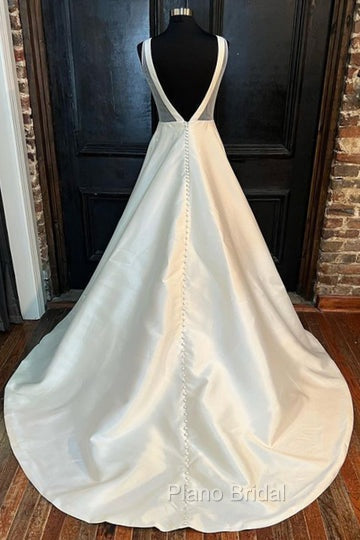 White Satin Plunging Neck Bow-Back A-Line Long Wedding Dresses V-Neck
