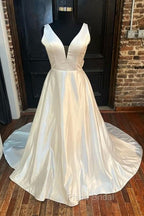 White Satin Plunging Neck Bow-Back A-Line Long Wedding Dresses V-Neck