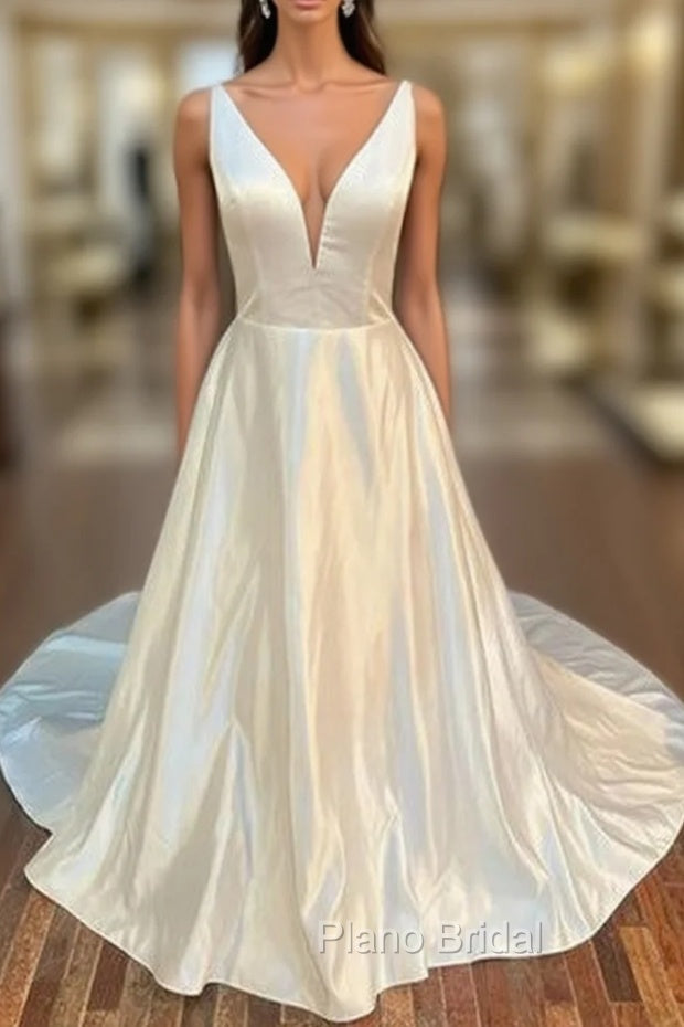 White Satin Plunging Neck Bow-Back A-Line Long Wedding Dresses V-Neck