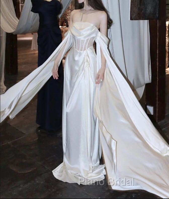 White Satin Formal Prom Dresses Satin A-Line Long Scoop Long Evening Dresses