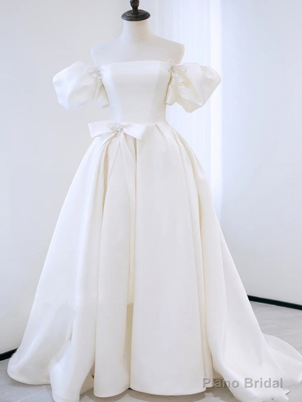 White Satin Puff Sleeve Pearls Wedding Dress Main image