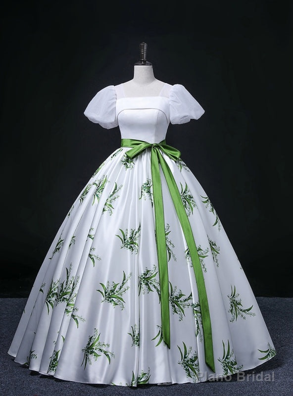 White Satin Puff Sleeve Print Quinceanera Dress Main image