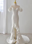 White Satin Sheath Puff Sleeve Beading Wedding Dress