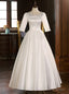 White Satin Short Sleeve Lace Button Wedding Dress