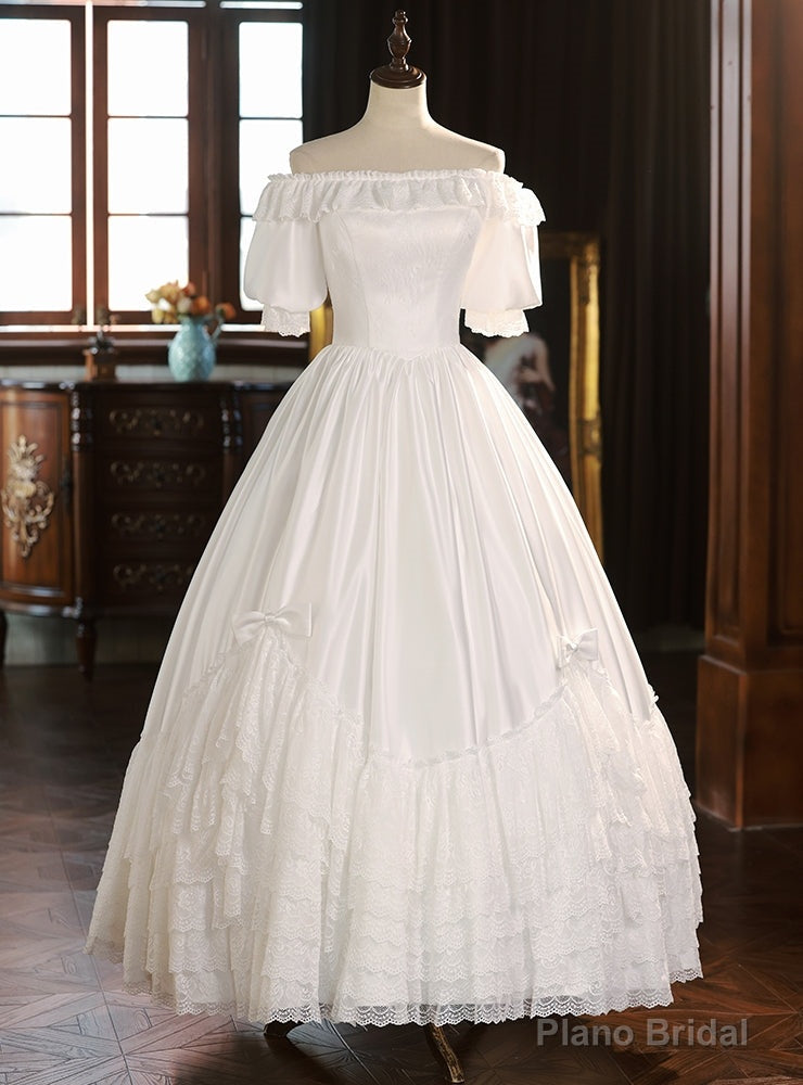 White Satin Short Sleeve Off the Shoulder Wedding Dress Main image