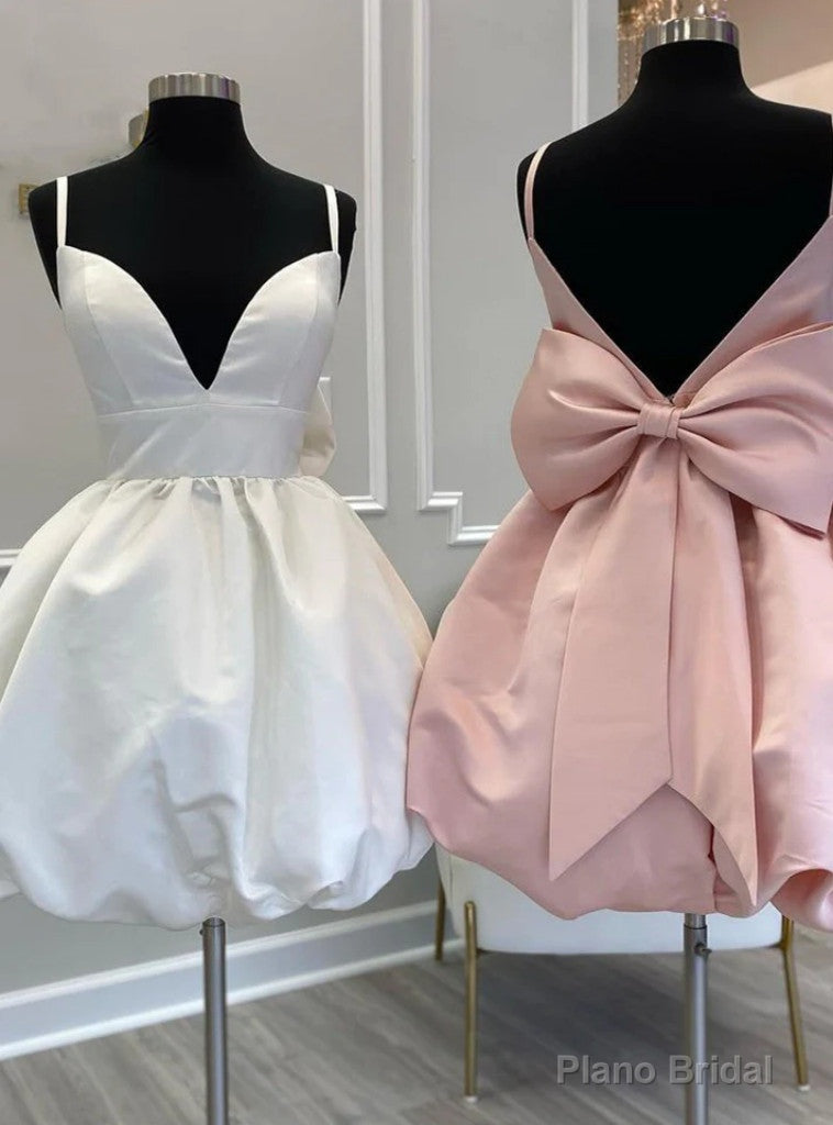 White Satin Spaghetti Straps Bow Homecoming Dress Main image
