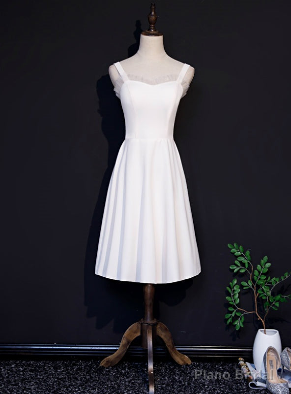 White Satin Spaghetti Straps Knee Length Prom Dress Main image