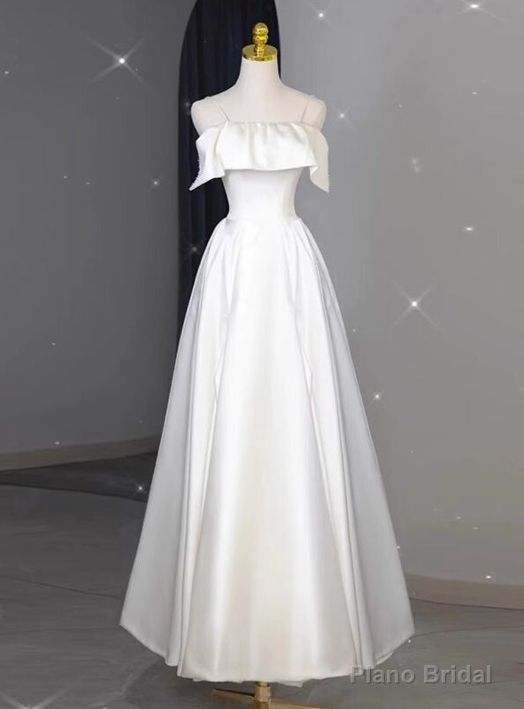 White Satin Spaghetti Straps Pearls Wedding Dress Main image