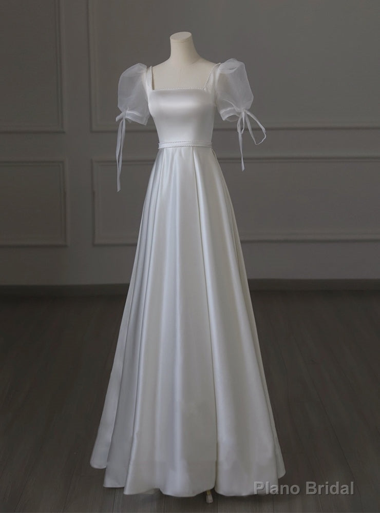 White Satin Square Puff Sleeve Pearls Wedding Dress Main image