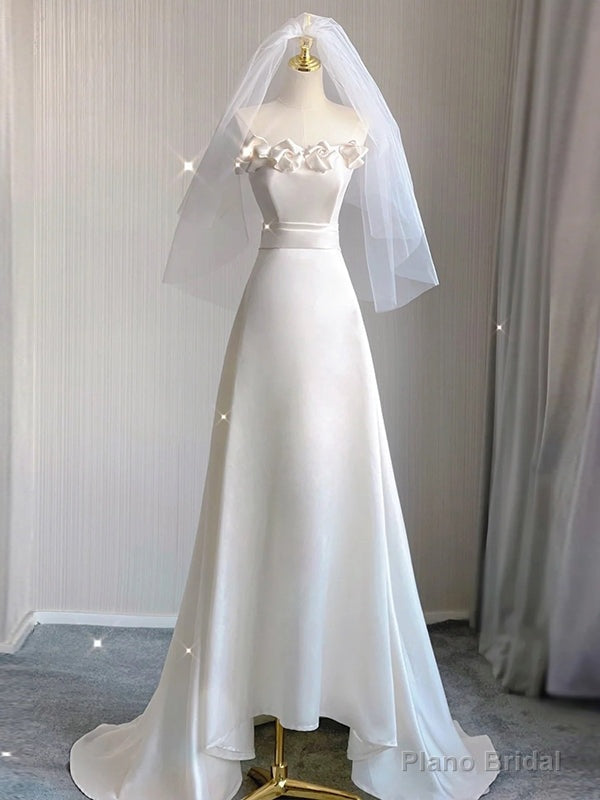 White Satin Strapless Flower Wedding Dress Main image