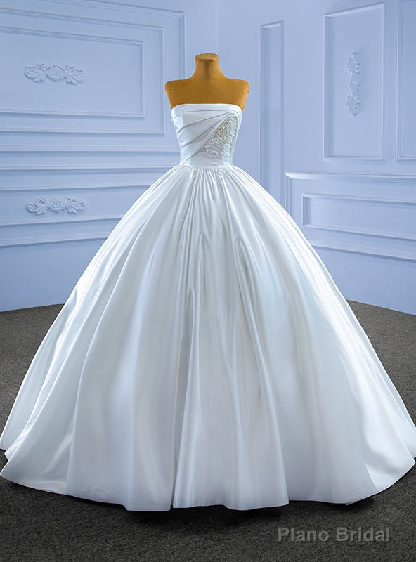 White Satin Strapless Pearls Pleats Wedding Dress Main image