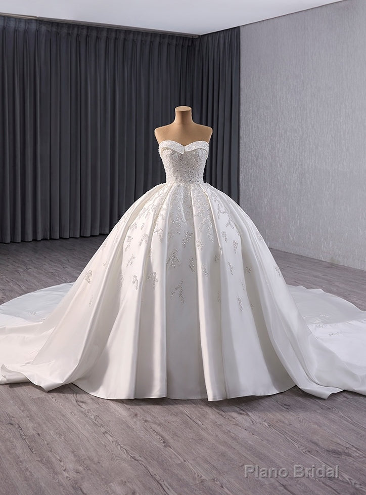 White Satin Strapless Sequins Beading Wedding Dress Main image