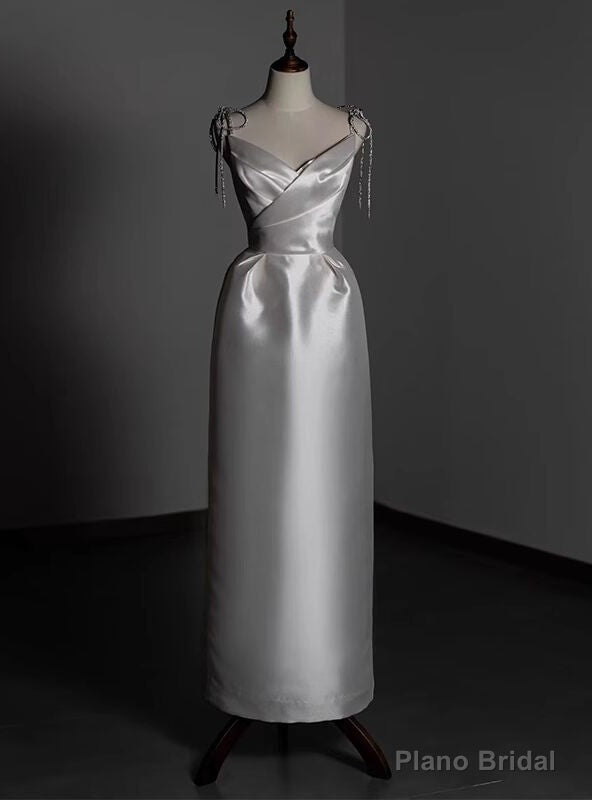 White Satin Straps Beading Short Wedding Dress Main image