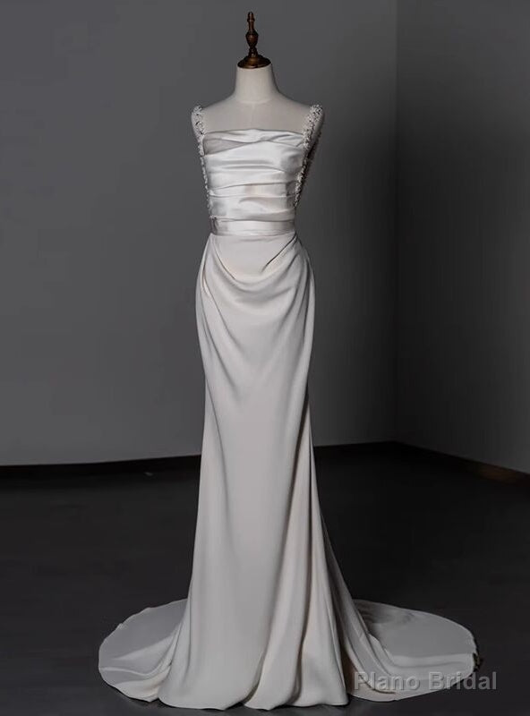 White Satin Straps Beading Wedding Dress Main image